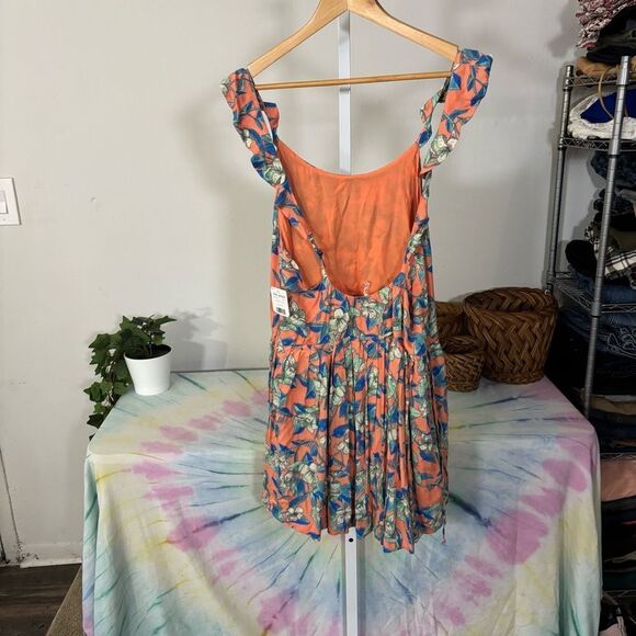 NWT FREE PEOPLE Dear You Dress Drawstring Waist Ruffle Straps Rayon Orange M nwt - Picture 3 of 11